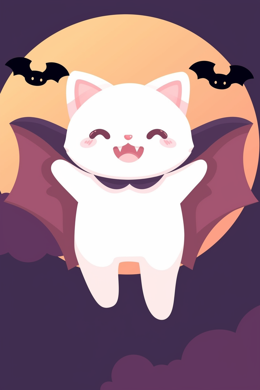 halloween cute animals drawings 2, featuring a vampire kitten floating joyously with its cute fangs visible and bat wings spread wide, set against a full moon and purple night sky.